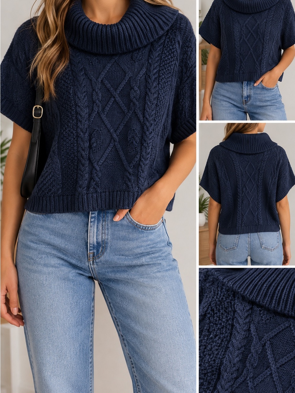White House Black Market Navy Cable Knit Cowl Neck Short Sleeve Sweater S